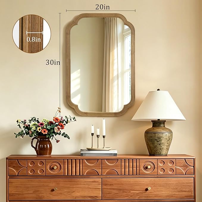 HOMECOOKIN Wood Bathroom Mirror for Wall Decor Arched Rounded Corner Rustic Wood Frame Wall Mirror Home Decorative for Vanity, Living Room, Bedroom, Entryway (20 x 30 inch, Natural)