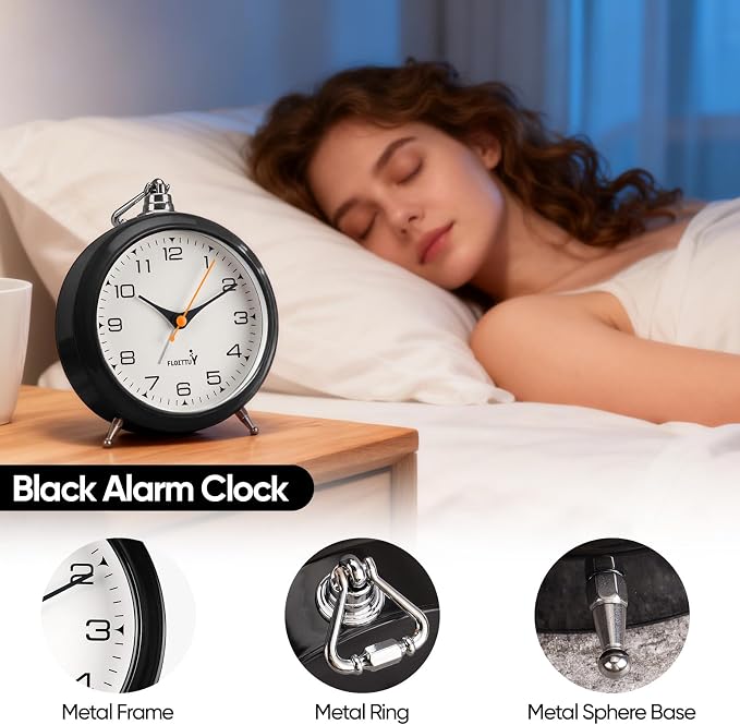 FLOITTUY 4.5" Battery Operated Antique Retro Analog Metal Alarm Clock, Silent Bedside Desk Clock, Wall-Hanging Vintage Clock(Black)
