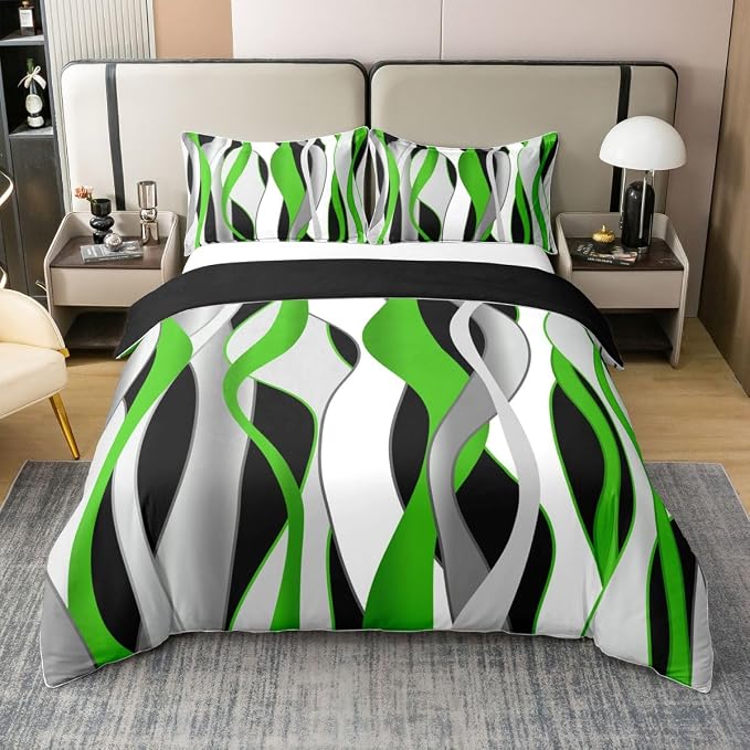 Erosebridal Green Grey Black Bedding Set King Geometric Spiral Striped 100% Cotton Duvet Cover Waves Abstract Art Comforter Cover for Kids Teens Adults Modern Fashion Bed Set 3 Pcs