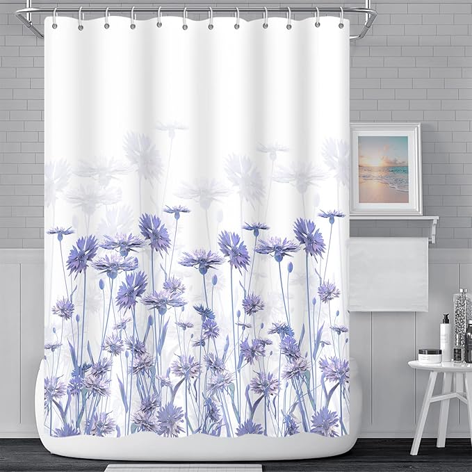 Purple Flower Shower Curtain for Bathroom Spring Floral Nature Wild Botanical Shower Curtain Waterproof Polyester Fabric Modern Art Aesthetics Home Decor Bath Curtain with Hooks, 65x72 Inch