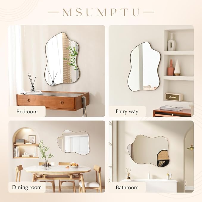 Irregular Wall Mirror Brass Wave Shaped Metal Framed Wall Mirror for Bathroom Bedroom Entryway Living Room Wall Decor 30.5" L x 23" W 2303G