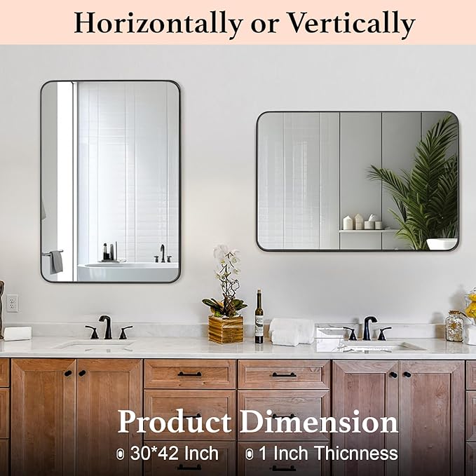 Black Bathroom Mirror 30X42 Inch Rounded Rectangle Wall Mirror Stainless Steel Metal Frame Vanity Mirror Anti-Rust for Entryway, Bathroom, Vanity, Living Room Hangs Vertically or Horizontally