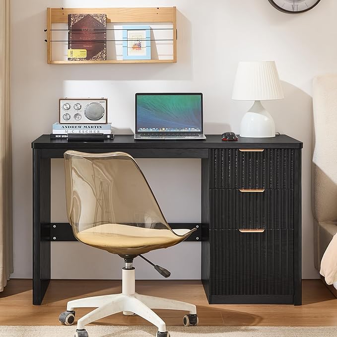 48" Modern Fluted Executive Desk with Storage Cabinet, Large Wood Home Office Desk with Golden Handles & File Drawer, Black Computer Writing Table for Office,Study, Living Room, Bedroom
