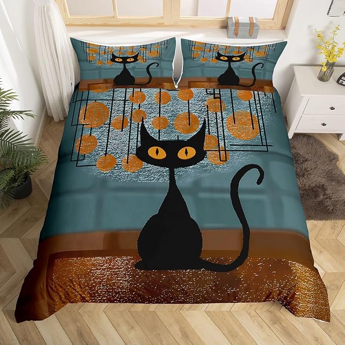 Erosebridal Black Cat Duvet Cover Queen Abstract Minimalist Geometric Bedding Set Modern Aesthetic Comforter Cover for Kids Girls Boys Adults Cartoon Animals Bed Set