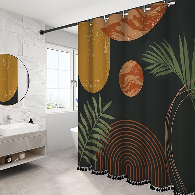 Boho Mid Century Leaf Shower Curtain Set,Arch Sun Design,Minimalistic Leaves Pattern,Waterproof and Luxurious Fabric-12 Hooks(Coffee Brown-72" x 78")