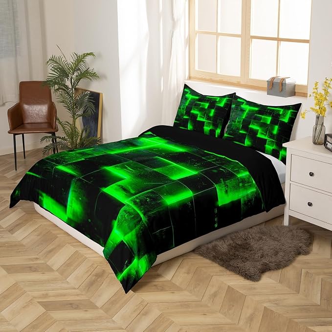 Erosebridal 3D Geometric Bedding Sets Twin Abstract Aesthetic Comforter Cover, Black and Green Bed Set Glowing Futuristic Cubes Twin Duvet Cover, Neon Grid Quilt Cover 2pcs (Black Reversible)