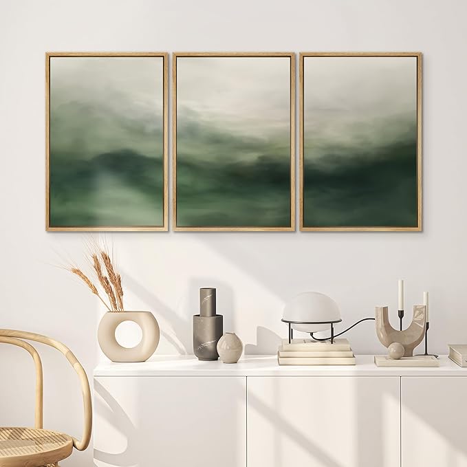 SIGNWIN Framed Canvas Print Wall Art Set Abstract Green Misty Landscape Illustrations Modern Art Decorative Boho Relax/Zen Nordic for Living Room, Bedroom, Office - 16"x24"x3 Natural