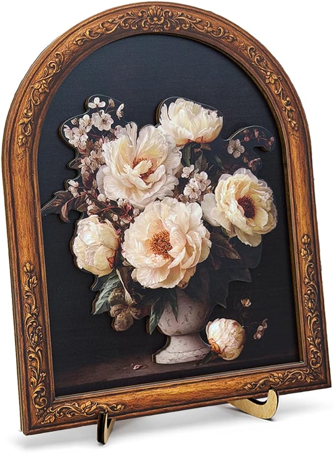 3D Vintage Peonies Floral Desk Decor Sign, Vintage Peony Flower Bouquet Framed Wall Art Sign for Home Bedroom Living Room Desk Wall Shelf Aesthetic Decor 8x10 Inch