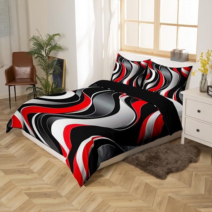 Erosebridal Geometric Wavy Lines Duvet Cover Toddler for Kids Boys Girls,Minimalist Abstract Art Comforter Cover,Modern Aesthetic Bedding Set,Red Grey Black Bed Set with 1 Pillowcase Bedroom Decor