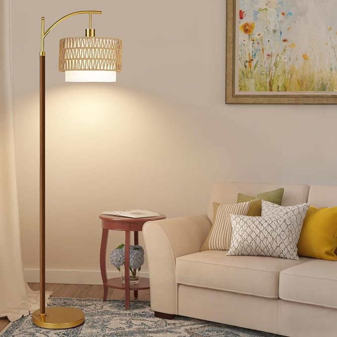 ILLMTW Rattan Floor Lamp for Living Room,Bedroom,Boho Wood Standing Lamp with Remote Dimmable,Vintage Mid Century Modern Gold Tall Lamp Wicker Lamp Shade Floor Lights Bohemian Tiffany Style
