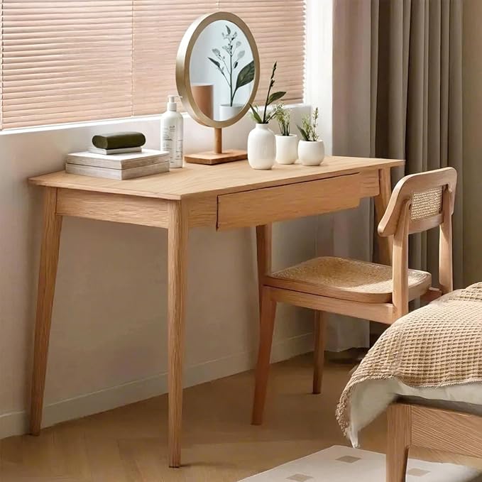 100% Solid Oak Wood Home Office Desk, Writing Computer Desk with Drawer Mid Century Modern Desk for Home Office Sturdy Writing 31.49" W
