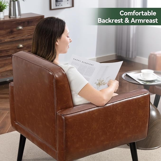 Vogue Furniture Direct Accent Chair Set of 2, PU Leather Modern Chair with Wooden Frame, Cozy Armchair Reading Chair with Comfy Back for Apartment, Living Room, Bedroom, Small Space, Corner, Brown