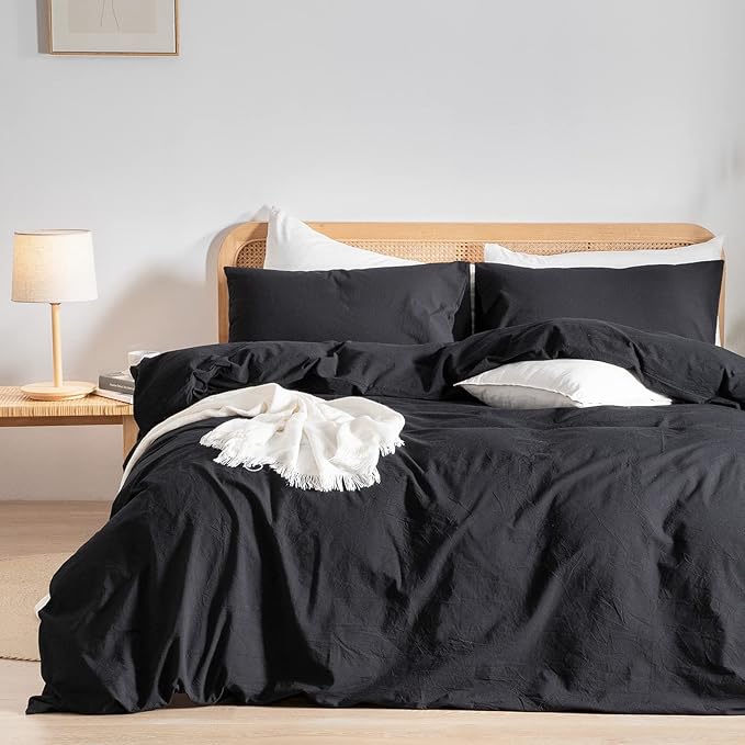 BESTOUCH Duvet Cover Set 100% Washed Cotton Linen Feel Super Soft Comfortable Chic Lightweight 3 PCs Home Bedding Set Solid Deep Black Super King Plus