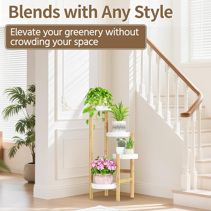 LASZOLA Bamboo White 4 Tier Heavy Duty Plant Stand Indoor, Tall Multiple Level Vertical Planter Rack for Modern Narrow Corner, Slim Spiral Flower Holder Organizer Display for House Decor, Plastic Tray