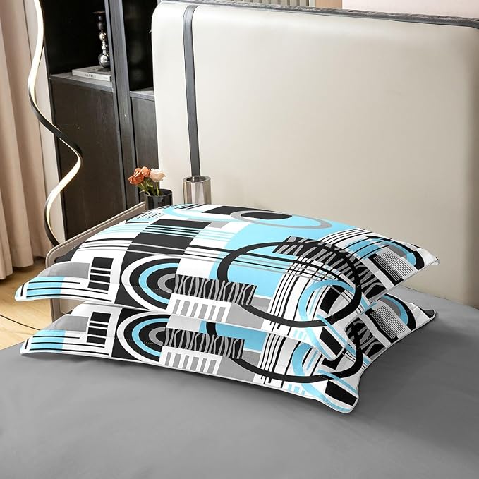 Erosebridal Art Deco Mid Century Duvet Cover Set Retro Modern Abstract Geometric 100% Cotton Comforter Cover Black and White Sky Blue Circles Stripes Twin Bedding Sets for Girls, Contemporary Bed Set