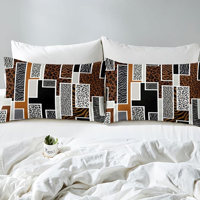 Erosebridal Brown Black Grey Leopard Bedding Set King African Animal Leopard Skin Print Duvet Cover Cheetah Zebra Wildlife Comforter Cover for Kids Teen Adults,Geometric Stripes Patchwork Bed Set