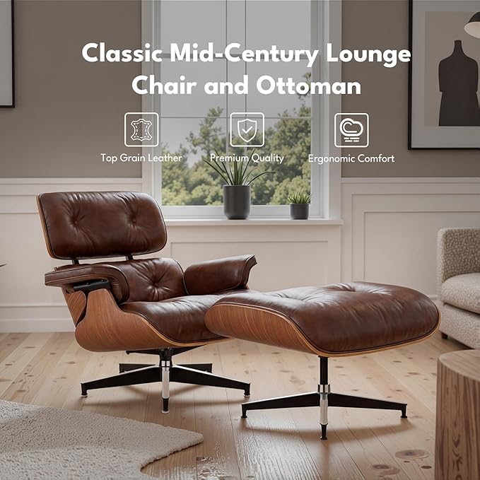 Top Grain Leather, Mid Century Chaise Lounge Chair and Ottoman, Reading Chair, Leather Accent Chair, Modern Chair, Classic Design, for Living Room Lounge Office,Retro Aged Leather, Walnut,Heightening