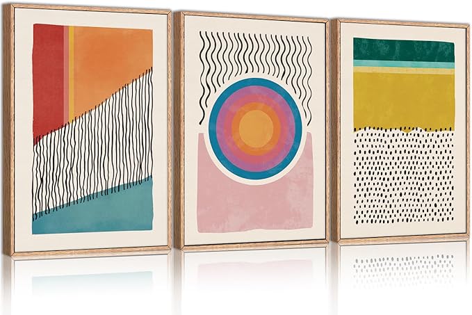 HPINUB Boho Framed Canvas Prints Wall Art Set, Mid-Century Abstract Color Block Shape Wall Decor, Geometric Illustrations Art Photos for Living Room, Bedroom, Dining Room, Office, Bathroom-24"x36"x3