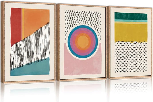 HPINUB Boho Framed Canvas Prints Wall Art Set, Mid-Century Abstract Color Block Shape Wall Decor, Geometric Illustrations Art Photos for Living Room, Bedroom, Dining Room, Office, Bathroom-24"x36"x3