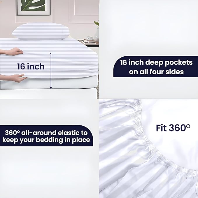 SGI bedding 100% Egyptian Cotton Sheets RV King Size – 600 Thread Count Sheets Set, Soft, Cooling, 15" Deep Pocket, Luxury Hotel Bedding, Breathable, Durable - White Stripe