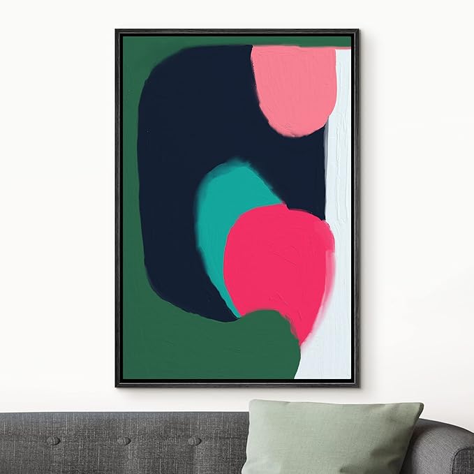 MUDECOR Framed Canvas Print Wall Art Pink Green Paint Stroke Collage Abstract Shapes Illustrations Minimalism Decorative Relax/Zen Colorful Nordic for Living Room, Bedroom, Office - 16"x24" Black