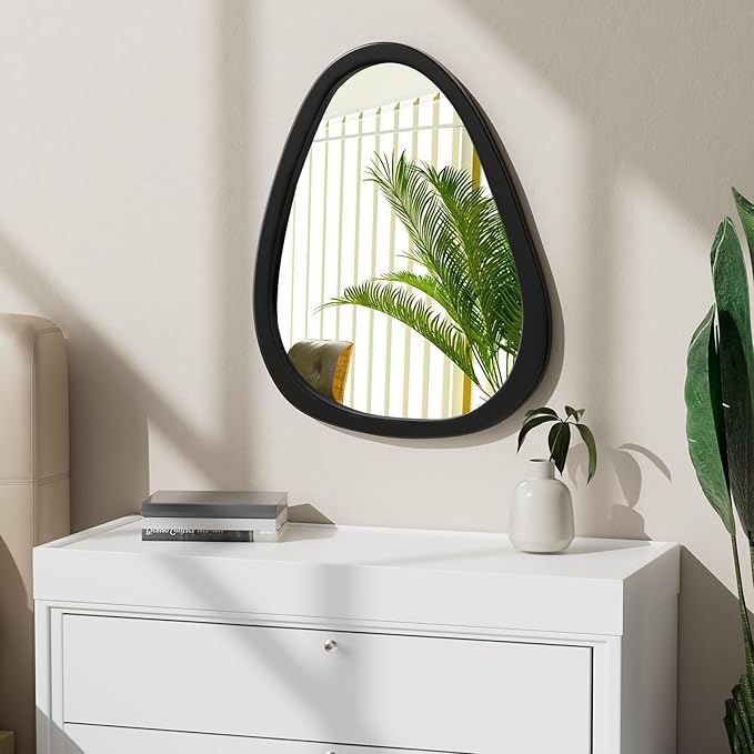 22.5" x 17.5" Irregular Wall Mirror, Black Wooden Framed Mirror, Asymmetrical Wall Mirror for Living Room Bedroom Bathroom Entryway, Small Modern Decorative Hanging Hook Style Mirror