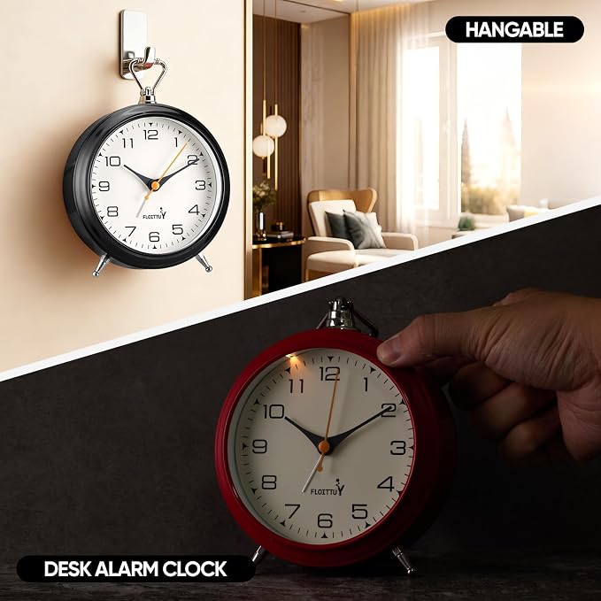 FLOITTUY 4.5" Battery Operated Antique Retro Analog Metal Alarm Clock, Silent Bedside Desk Clock, Wall-Hanging Vintage Clock(Black)