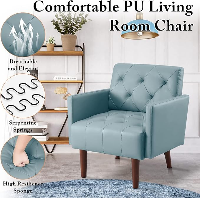 Faux Leather Accent Chair, Modern Retro Arm Chair for Living Room and Bedroom Tufted Upholstered Sofa Club Chair Comfy Armchair for Small Spaces Bedroom Office (Blue)
