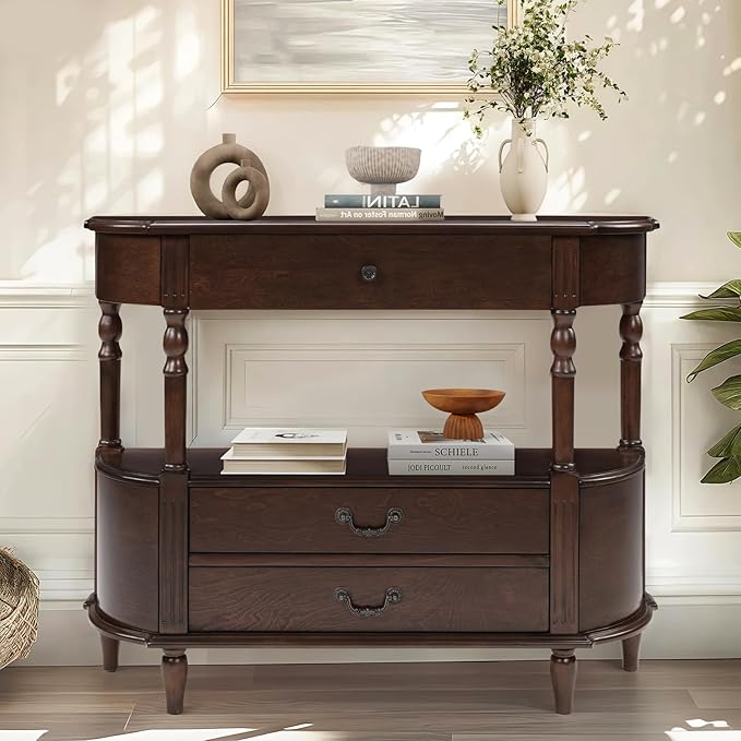 Solid Wood Retro Curved Console Table, 43" Half Moon Console Table Sofa Table Entryway Table with 3 Drawers Open Shelf Pine Roman Legs Curved Corners for Living Room,Entryway,Hallway,Espresso