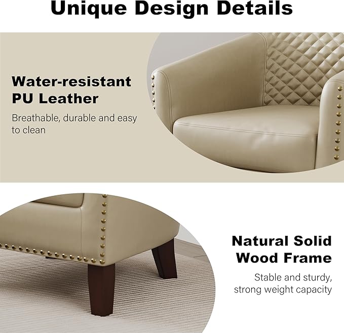 Accent Barrel Chair, Upholstered Faux Leather Club Chair with Nailed Trim, Comfy Reading Armchair for Living Room Bedroom Reception Room Office (Beige, Set of 4)