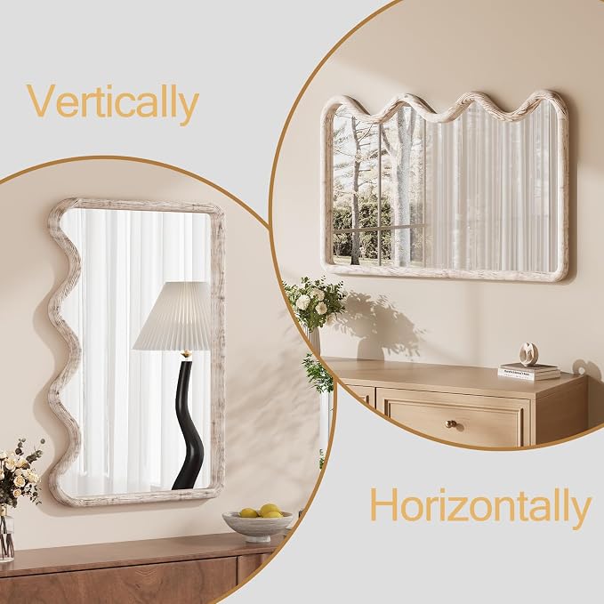 ULIKE Wavy Mirror for Wall, Rustic Wood Mirror for Bathroom Vanity, 24x36 Wooden Wall Mirrors Decorative for Bedroom, Living Room, Entryway, White