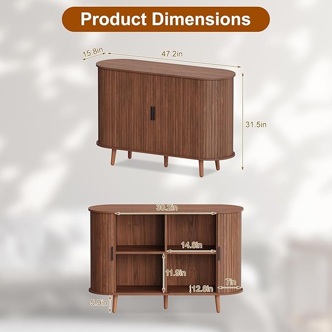 Fluted Sideboard Buffet Cabinet with Sliding Doors, Curved Edge Design for Dining Room Kitchen Living Room, 47" Console Table Credenza with Storage (Walnut)