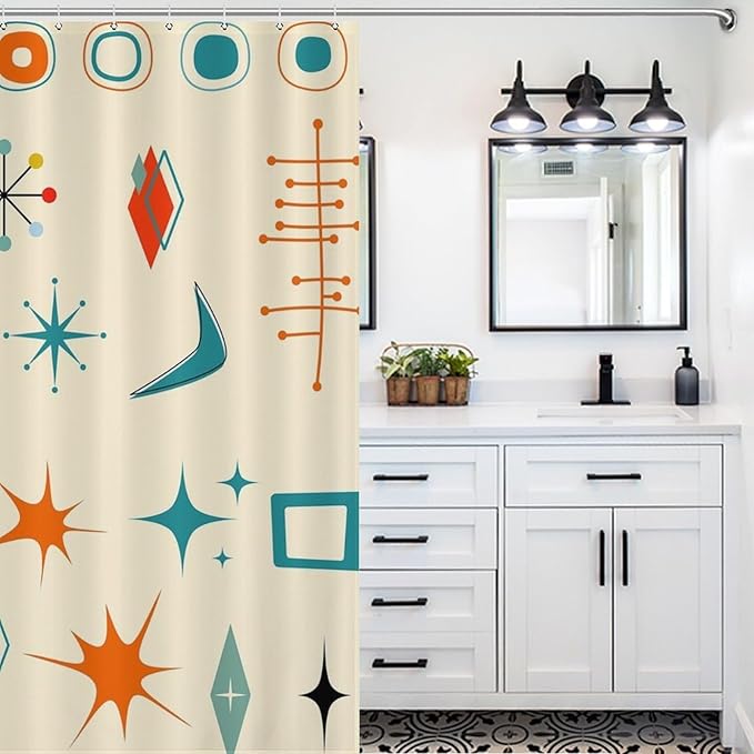Mid Century Modern Shower Curtain,Vintage Iconic Atomic Modern Retro Space Abstract Geometric Fabric Bathroom Decor Curtains with Hooks 66x72in（168x183cm）