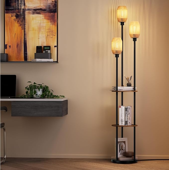 Floor Lamp with Shelves, Rustic Floor Lamp with Shades, 3 Light Standing Lamp with Table, 71" Tall Shelf Lamp with 3 Bulbs, Foot Switch, Corner Lamps for Living room, Bedroom (Black-Rattan)
