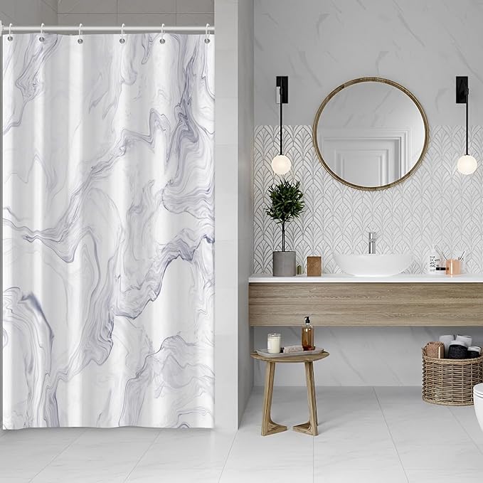 White Shower Curtain, Modern White Marble Shower Curtain for Bathroom Waterproof Abstract Liquid Shower Curtain Set with Hooks, 48x72 Inch