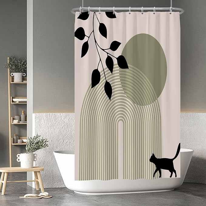 Baocicoo Minimalist Boho Shower Curtain Mid Century Silhouette Cat Botanical Shower Curtain for Bathroom Home Bathtub Living Room Decor Fabric Waterproof Curtain for Bathroom with Hooks 48x72 Inches