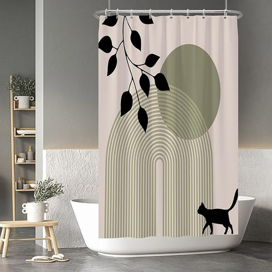 Baocicoo Minimalist Boho Shower Curtain Mid Century Silhouette Cat Botanical Shower Curtain for Bathroom Home Bathtub Living Room Decor Fabric Waterproof Curtain for Bathroom with Hooks 48x72 Inches