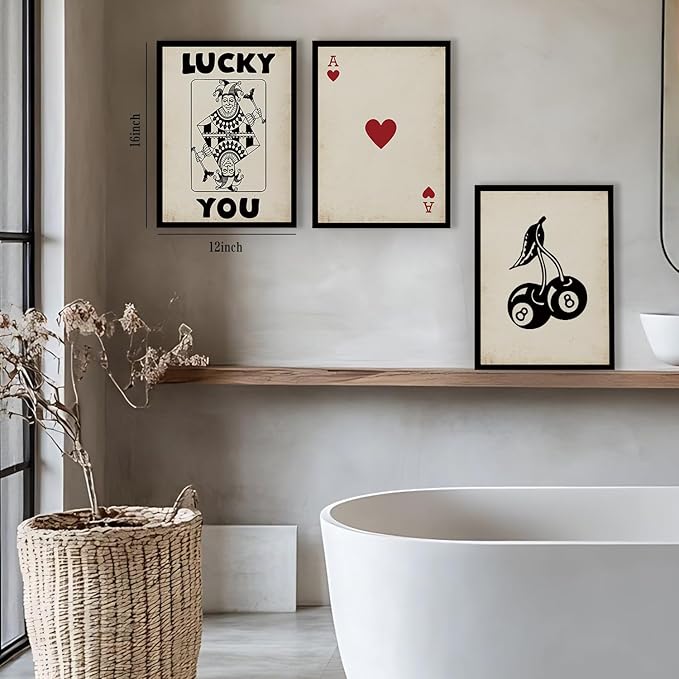 Poker Wall Art Lucky You Poster Set of 3, Trendy Retro Red Heart A Joker Prints Pictures for Living Room Wall Decor Rustic Vintage 8-Ball Pool Canvas Artwork for Bedroom Home Office Decoration 12x16"