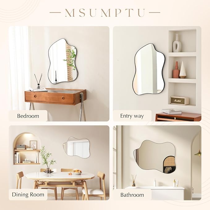 Irregular Wall Mirror Black Wave Shaped Metal Framed Wall Mirror for Bathroom Bedroom Entryway Living Room Wall Decor 30.5" L x 23" W 2303B