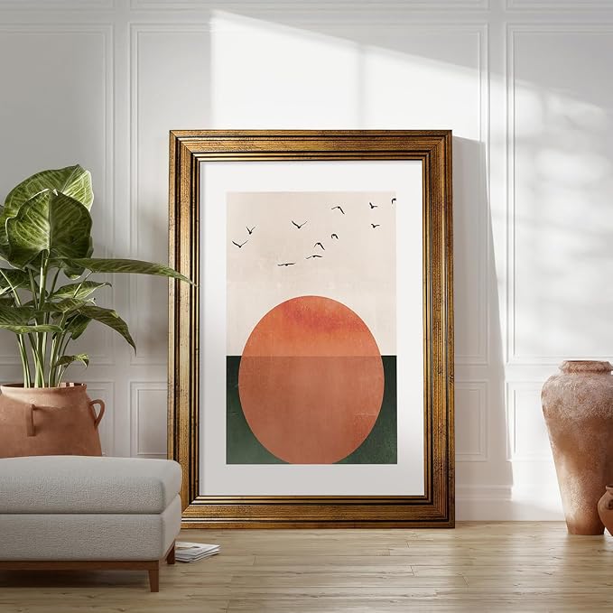Gold Framed Japanese Minimalist Sunset With Bird Wall Art Nature Geometric Abstract Poster Modern Mid Century Eclectic Canvas Prints for Living Room Gallery Home Decor 16x20 inch