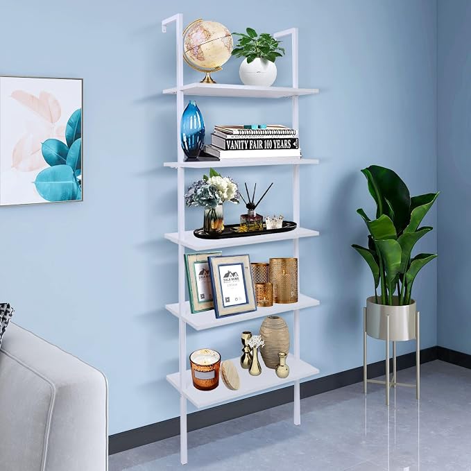 5 Tier Wall Mounted Ladder Shelf, Ladder Bookshelf with Metal Frame and Wood Shelf, Modern Learning Bookcase for Living Room, Bedroom, Office (23.6" W x 11.8" D x 70.8" H, White)