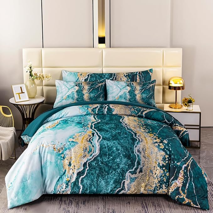 PERFEMET Aqua Marble Comforter Set King Size 6 Pcs Watercolor Green and Gold Bedding Comforter Set Soft Abstract Retro Style Tie Dyed Ombre Bed in A Bag with Sheet(Aqua, King)