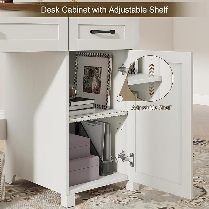 Vabches Farmhouse 47" Executive Desk, Computer Desk with Drawers and Storage Cabinet, Workstation Computer Desk for Home Office and Study.(Unique White)