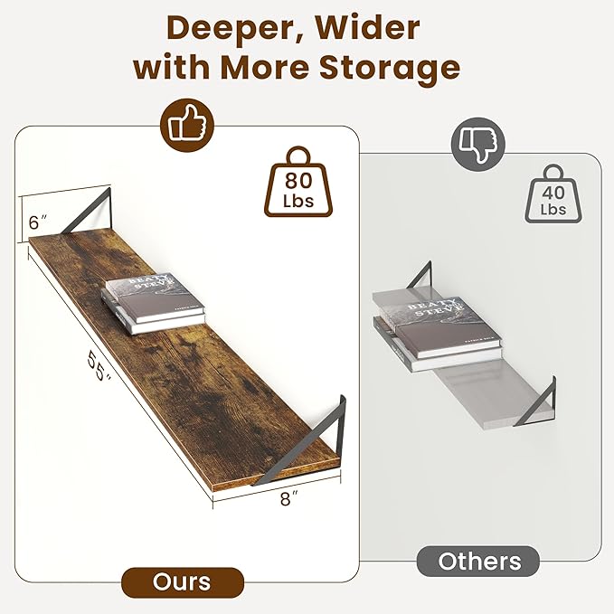 55" Long Wall Mounted Floating Shelves,8 inch Deep Floating Shelf with Metal Brackets Set of 2,Easy-to-Install Wall Decor Storage Ledges for Living Room,Bathroom,Bedroom,Kitchen,Office,Rustic Brown