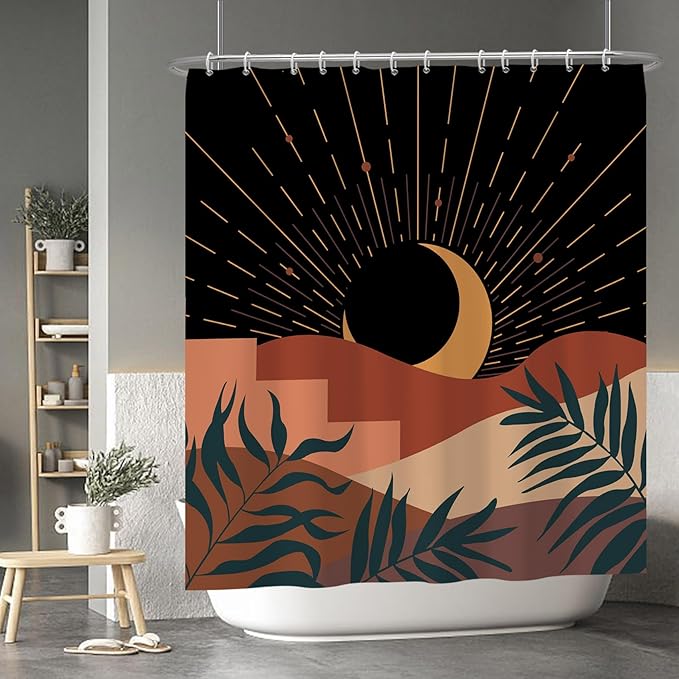 Baocicoo Boho Abstract Moon Shower Curtain Mid Century Sunset Mountain Shower Curtain for Bathroom Minimalist Aesthetic Bathroom Decorations Waterproof Curtain for Bathroom with Hooks 72x78 Inches