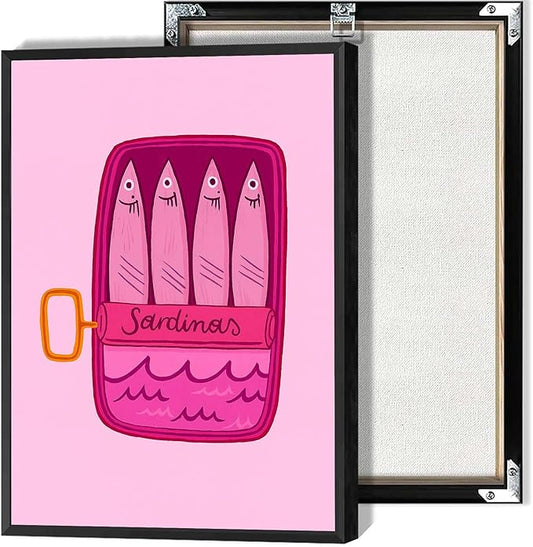 Retro Dinner Sardinas Canvas Wall Art Food And Drink Illustrations Posters Bar Cart Artwork Prints Pink Aesthetic Wall Decor For Living Room Bedroom Dorm Decor 24x36in Unframed