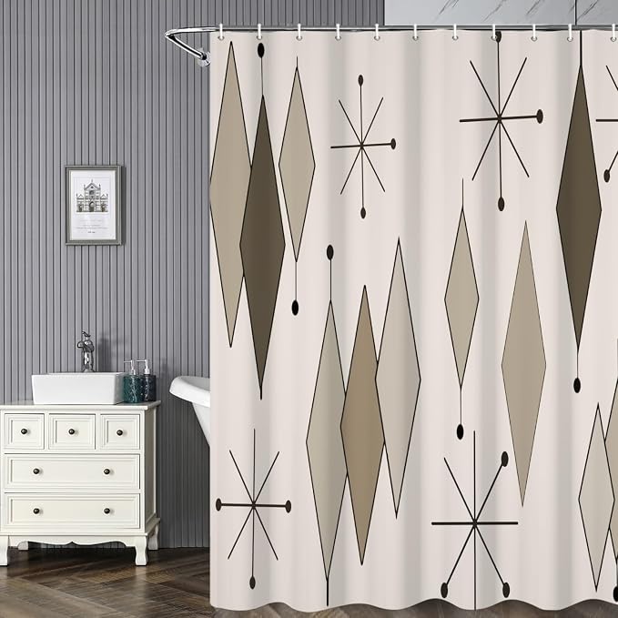 Boho Light Grey Brown Shower Curtain Abstract Mid Century Diamond Geometric Atomic Starburst Pattern Beige for 1950s Retro Bathroom Decor Shower Curtain Set with 12 Hooks, 48x72 Inches