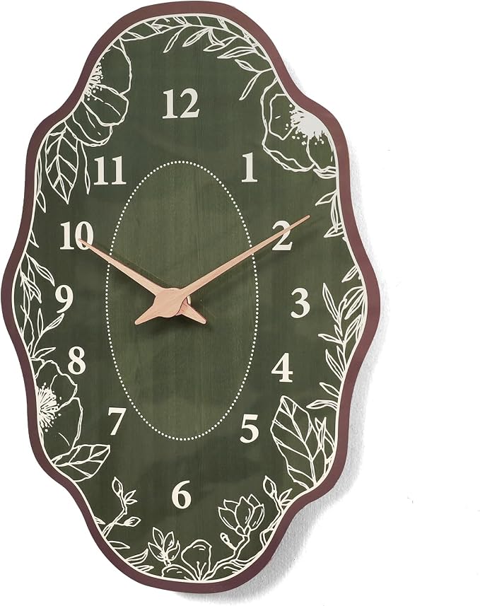 Mid Century Retro Irregular Shape Wall Clock, Silent Non-Ticking Battery Operated, 14 x 9 Inch Vintage Boho Green Art Clock for Living Room, Bedroom, Entryway, Mantel Decor