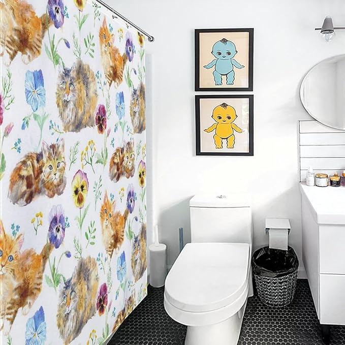 Cat Shower Curtain,Cute Cartoon Colorful Pets Paw Bathroom Curtain Polyester Waterproof Fabric Decor 72x72in（183x183cm）