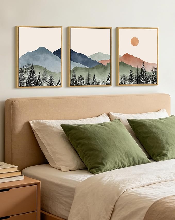 KUVIOKE Mountain Landscape Framed Wall Art Watercolor Nature Painting Boho Sun Rise Prints Farmhouse Rustic Room Decor Ready to Hang 12x16in (Natural Framed)